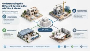 Isometric illustration showing residential builders, commercial developers, AAC block dealers and architects as four key buyer segments.