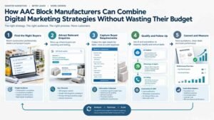 Flowchart showing how AAC block manufacturers connect buyer targeting, online visibility, enquiry capture, AI follow-ups and sales measurement.