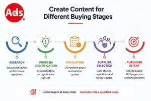 Five-stage B2B buyer journey from research to purchase intent for industrial automation marketing
