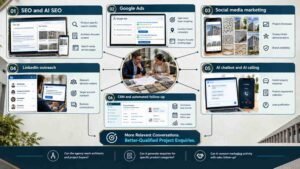 Decision-map infographic connecting SEO, Google Ads, social media, LinkedIn outreach, AI lead qualification and CRM follow-up for architectural concrete businesses.
