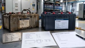 Industrial battery replacement with technical specifications and battery nameplate information