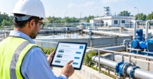 An STP engineer reviewing technical project drawings at a wastewater treatment facility, illustrating the challenge of reaching buyers online.