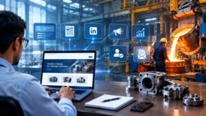 Engineer reviewing a foundry website and digital marketing channels alongside industrial casting operations