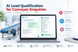 AI chat interface qualifying a conveyor system enquiry for sales follow-up