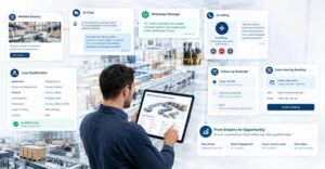 Business professional reviewing a conveyor system proposal on a tablet, surrounded by AI-powered website enquiry, chat, WhatsApp, calling, lead qualification, follow-up, and sales meeting interfaces.