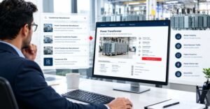 Engineer reviewing transformer technical specifications and testing documents