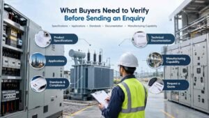 Industrial buyer reviewing electrical equipment specifications, standards and technical documentation before requesting a quote