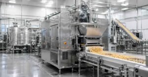 Stainless steel food processing machinery in a modern manufacturing facility