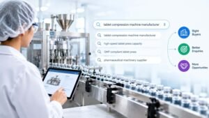 Pharmaceutical manufacturing professional researching tablet compression machinery online through search and technical information.