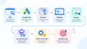 Digital marketing flow showing SEO, Google Ads, LinkedIn, website, AI lead qualification, CRM and sales opportunities for pharma machinery manufacturers.