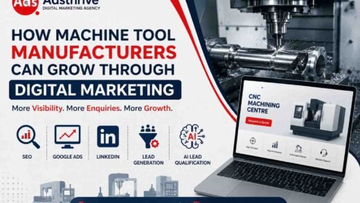 Adsthrive digital marketing graphic explaining how machine tool manufacturers can grow through SEO, Google Ads, LinkedIn, lead generation, and AI lead qualification, alongside a CNC machining centre and laptop.