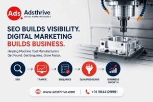 Adsthrive digital marketing agency graphic showing SEO, traffic, enquiries, qualified leads, and business growth for machine tool manufacturers, with a CNC machining machine in the background.