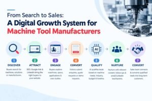 Adsthrive graphic illustrating a seven-step digital growth system for machine tool manufacturers: discover, attract, engage, convert, qualify, nurture, and convert, with a CNC machining image.
