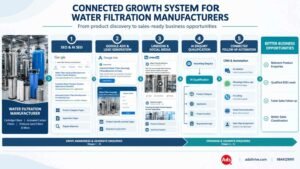 Flowchart illustrating how Adsthrive connects SEO, Google Ads, LinkedIn marketing, AI lead qualification, WhatsApp, AI calling and CRM follow-up to generate qualified enquiries for water filtration companies.