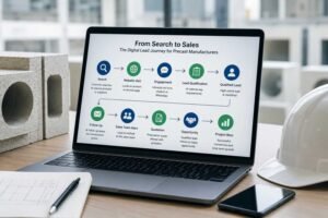Digital lead journey showing how precast manufacturers can turn online searches into qualified sales opportunities through websites, AI engagement and follow-up.