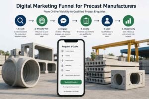 Digital marketing funnel for precast manufacturers showing search, website visits, AI engagement, lead qualification and project opportunities.