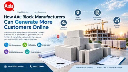 AAC blocks arranged beside a construction blueprint representing online customer acquisition for AAC block manufacturers.