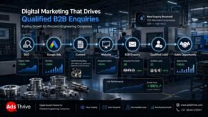 Digital marketing lead generation process for precision engineering companies showing SEO, Google Ads, content, website enquiries and qualified B2B leads