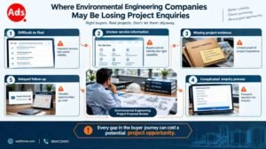 Infographic showing five common points where environmental engineering companies can lose potential project enquiries, from search visibility to delayed sales follow-up.