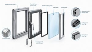 Exploded technical illustration showing aluminium window frame, glass panel, rubber gasket, glazing bead and window hardware components.