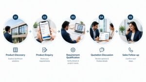 Five-stage flowchart showing how aluminium door and window buyers move from product discovery to requirement qualification, quotation and sales follow-up.