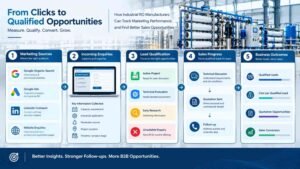 Flowchart showing industrial RO marketing sources, incoming enquiries, lead qualification, sales follow-up, quotations and business performance metrics.