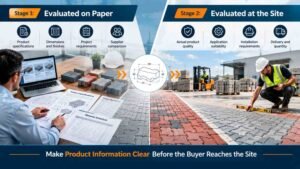 Civil engineer reviewing concrete paving block specifications alongside a completed paving installation at a commercial project site.