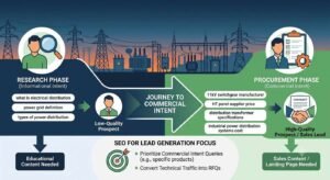 Diagram mapping the B2B buyer search journey for power distribution companies, showing the transition from broad informational research queries to high-intent commercial procurement queries.