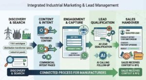 Flowchart illustrating a connected B2B industrial marketing funnel, from buyer search discovery and technical content evaluation to AI lead qualification and CRM handover to sales.