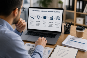 Business buyer researching packaging machinery solutions and comparing suppliers online