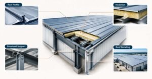 Technical cutaway illustration showing metal roofing panels, insulation, structural supports and roof detailing on an industrial building.