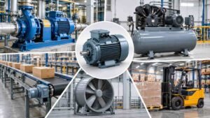 Industrial electric motor applications including pumps, compressors, conveyors and fans