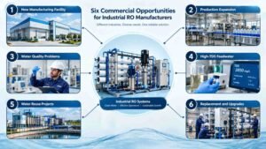 Flowchart showing six industrial RO business opportunities, including new factories, production expansion, water-quality problems, high-TDS water, water reuse and plant upgrades.
