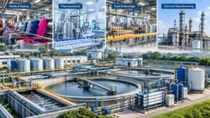 Industrial ETP serving textile, pharmaceutical, food-processing and chemical manufacturing facilities with different wastewater treatment requirements.