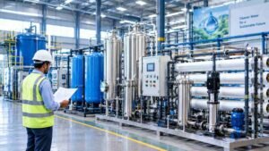 Industrial engineer inspecting water treatment equipment, including filtration vessels, pumps and a reverse osmosis system.