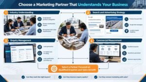 Decision flowchart showing how concrete product manufacturers can assess a marketing partner's industry knowledge, advertising strategy, enquiry management and commercial reporting.