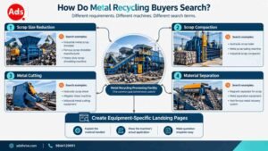 Infographic connecting metal scrap processing requirements with searches for shredders, balers, shears and separation equipment.