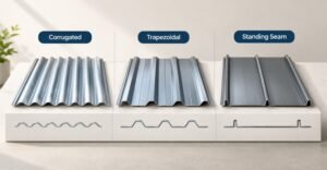 Create a clean, premium technical product illustration showing three different roofing sheet profiles arranged side by side on a minimal architectural display platform.