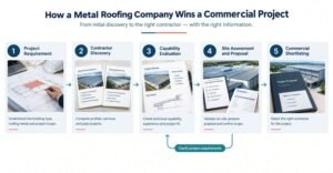 Five-stage commercial roofing project journey from initial requirement and contractor discovery to technical evaluation, site assessment and project shortlisting.