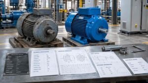 Industrial motor replacement with nameplate and technical specification details