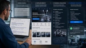 Procurement buyer searching online for a precision engineering supplier and evaluating CNC machining services before requesting a quote