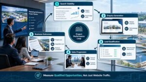Environmental engineering management team reviewing a marketing dashboard tracking search visibility, qualified enquiries, proposals and project conversions.