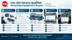 SEO workflow showing how recycling equipment product pages turn industry-specific searches into qualified machinery enquiries.