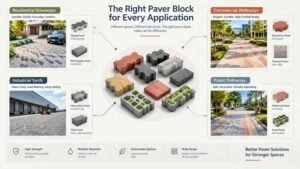 Concrete paver block designs and patterns shown across residential driveways, commercial walkways, industrial yards and public pathways.