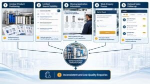 Flowchart showing how unclear product positioning, low search visibility, missing application information, weak enquiry forms and delayed follow-up affect water filtration company lead generation.