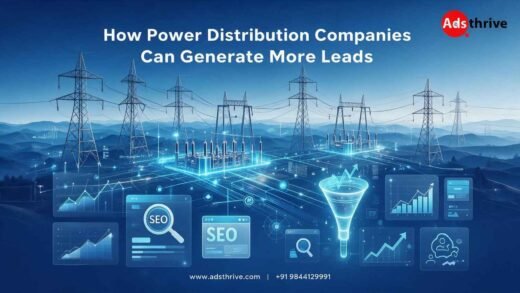 Featured image showing electrical transmission infrastructure, power distribution systems, digital analytics, and lead-generation technology for power distribution companies, branded by AdsThrive.